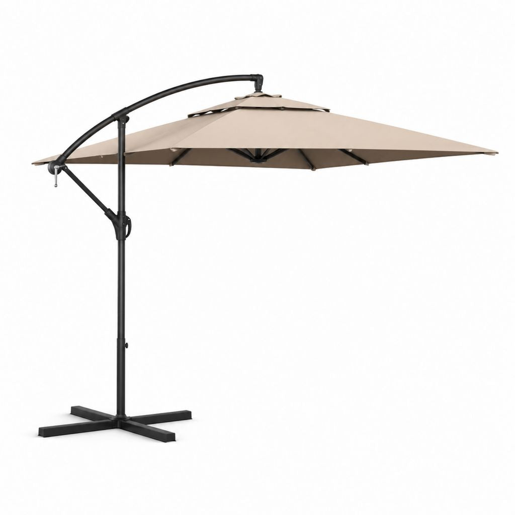 Ombrellone da esterno decentrato ottagonale in poliestere e acciaio, beige e nero, Ø 300 x 250 cm