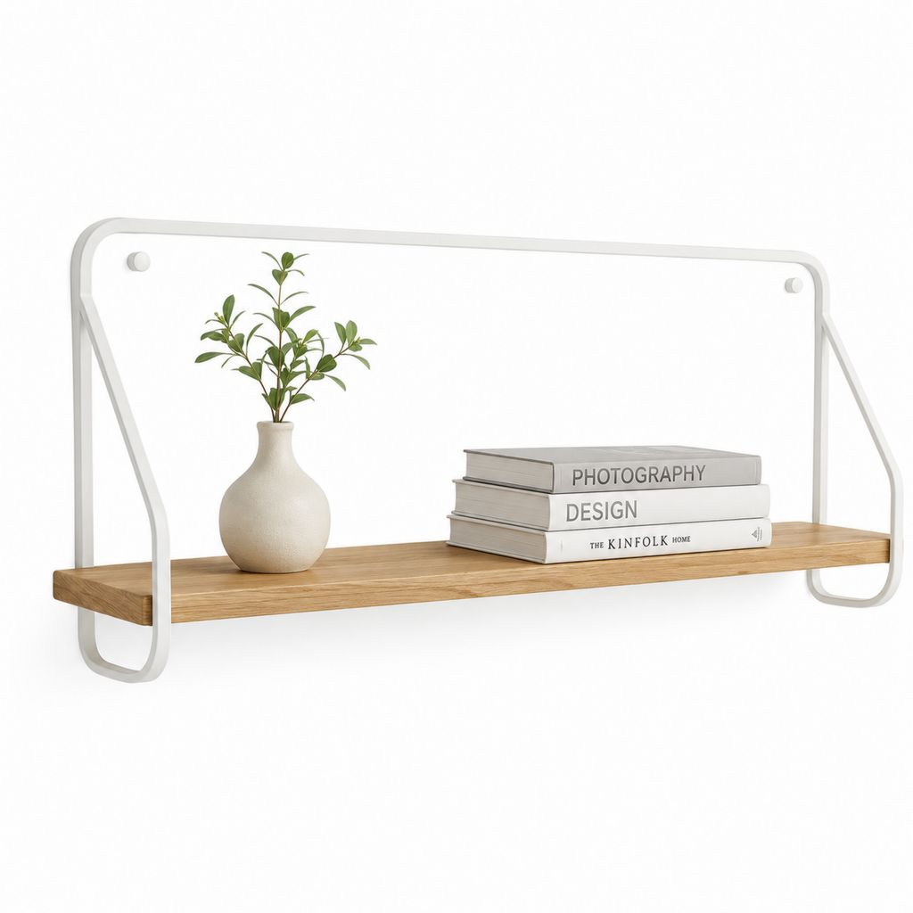 Mensola da parete rettangolare in MDF impiallacciato rovere e acciaio bianco, 90 × 20 × 45 cm