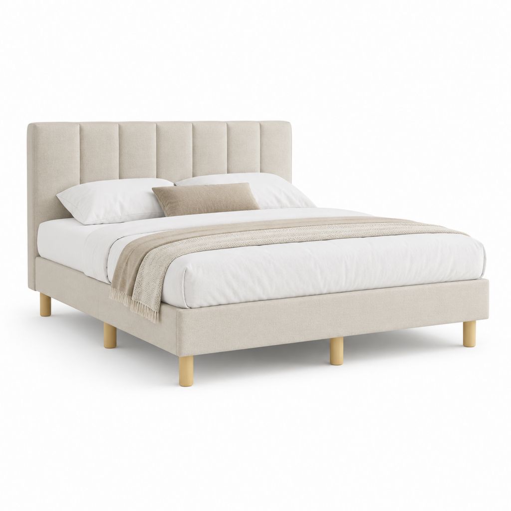 Letto matrimoniale imbottito in poliestere beige con testiera a pannelli, 172 x 218 x 105 cm, per materasso 160 x 200 cm