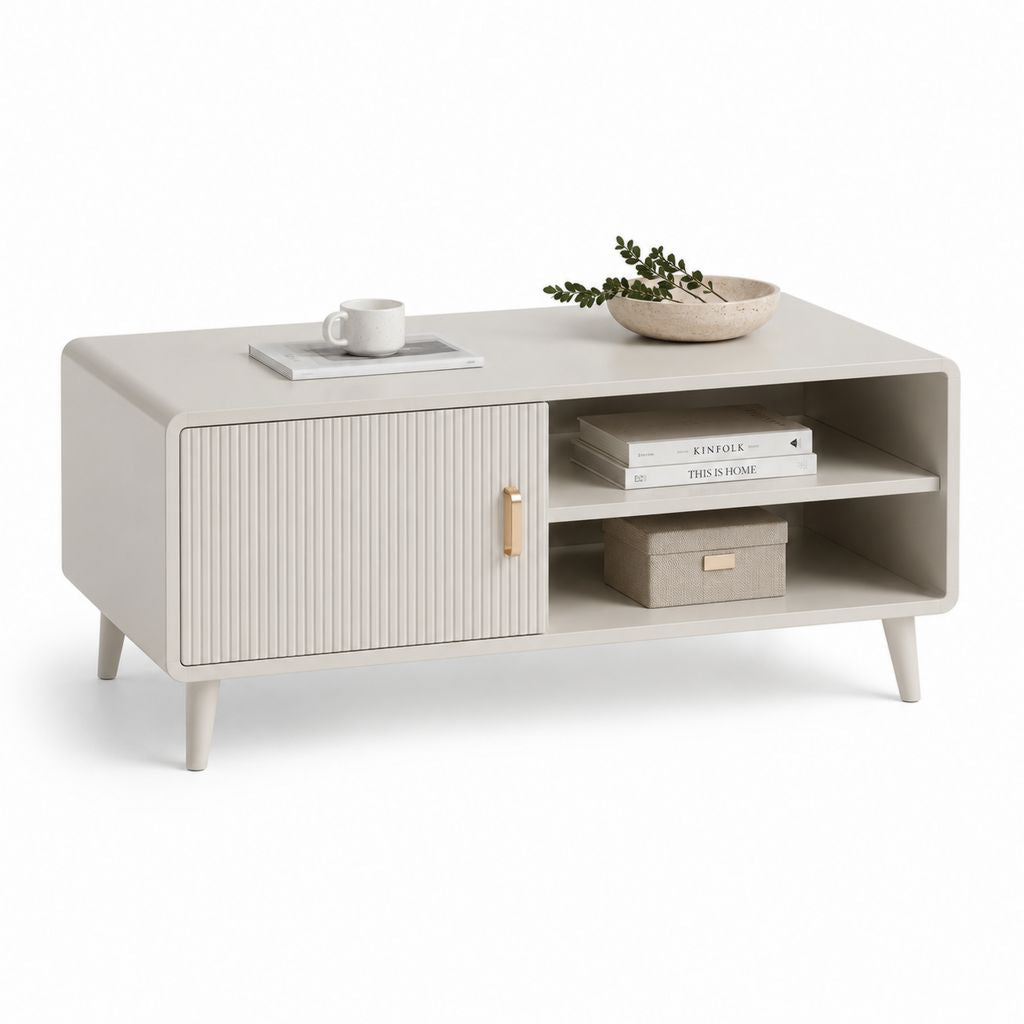 Tavolino da caffè rettangolare in MDF beige con contenitore, 100 × 50 × 55 cm