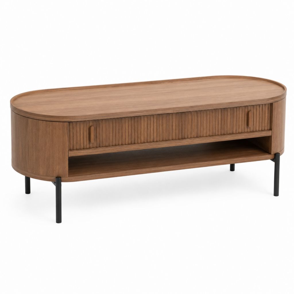 Tavolino da caffè con contenitore in MDF impiallacciato noce, marrone noce e nero, 120 × 55 × 48 cm
