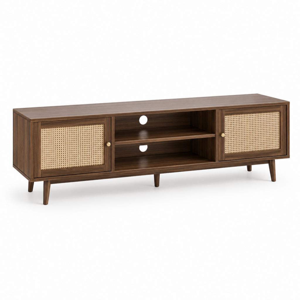 Mobile TV in legno con 2 ante in rattan e 2 vani aperti, marrone noce, 160 x 40 x 58 cm