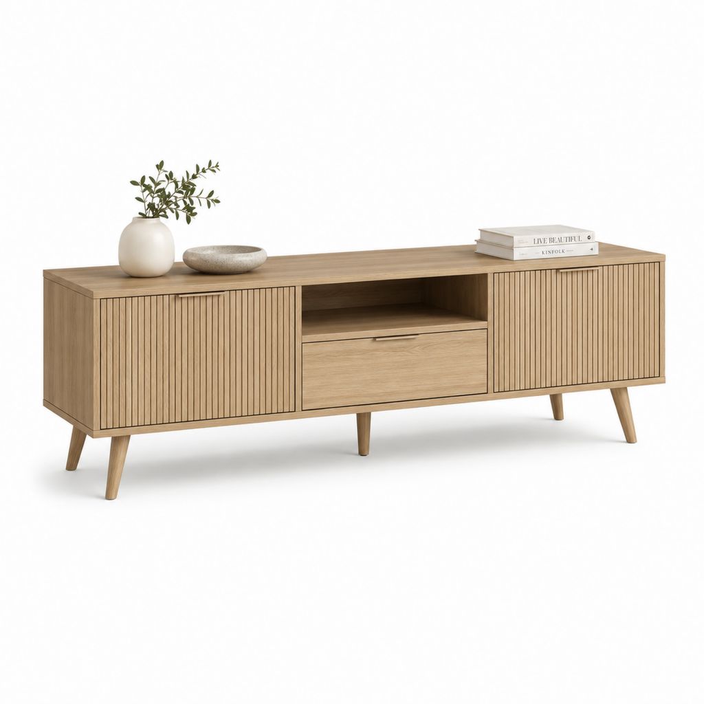 Mobile TV rettangolare in truciolare melaminico con 2 ante scanalate, cassetto e vano aperto, rovere naturale, 160 x 40 x 60 cm