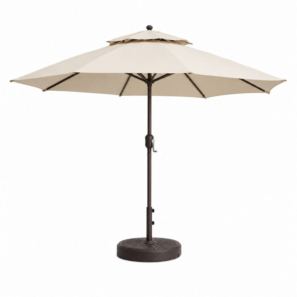Ombrellone da giardino ottagonale con manovella e base, Ø 300 x 250 cm, in poliestere e acciaio, beige e marrone scuro