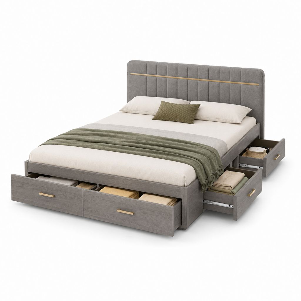Letto matrimoniale 172 x 220 x 120 cm per materasso 160 x 200 cm con 4 cassetti, in pannelli melaminici e poliestere, grigio e oro
