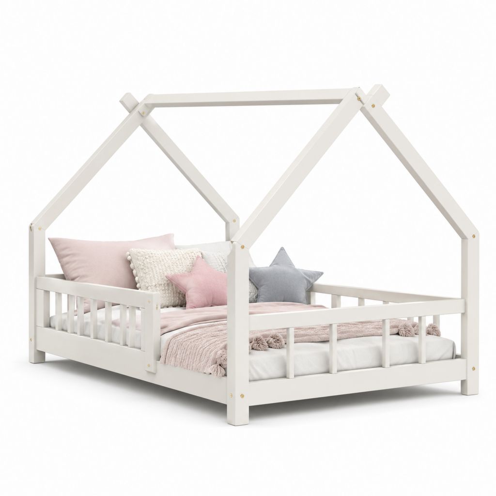 Letto a casetta per bambini 90 × 200 cm in legno massello di pino bianco con sponde