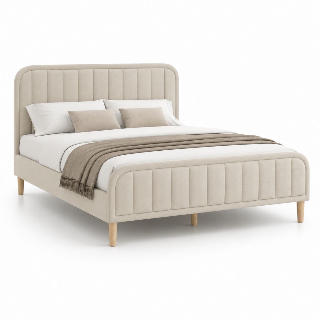 Letto matrimoniale imbottito in tessuto beige con testiera, pediera e rete a doghe, per materasso 160 × 200 cm