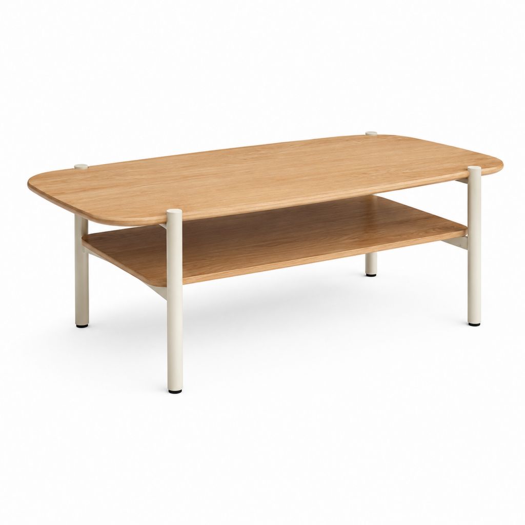 Tavolino da caffè rettangolare in MDF impiallacciato in rovere e acciaio bianco con ripiano, 100 × 55 × 45 cm