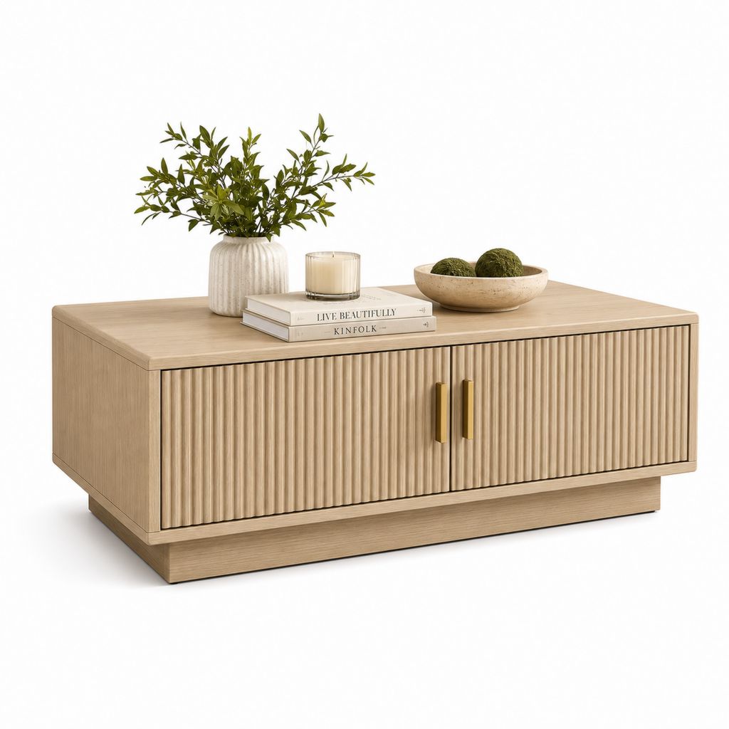 Tavolino da caffè contenitore rettangolare in MDF impiallacciato rovere naturale e oro, 110 × 55 × 45 cm, con 2 ante