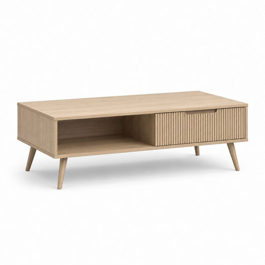 Tavolino da caffè rettangolare in MDF e legno massello, rovere chiaro, con cassetto e vano aperto, 100 × 50 × 45 cm