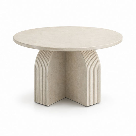 Tavolino da caffè rotondo in MDF beige e crema effetto travertino, Ø 80 × H 45 cm