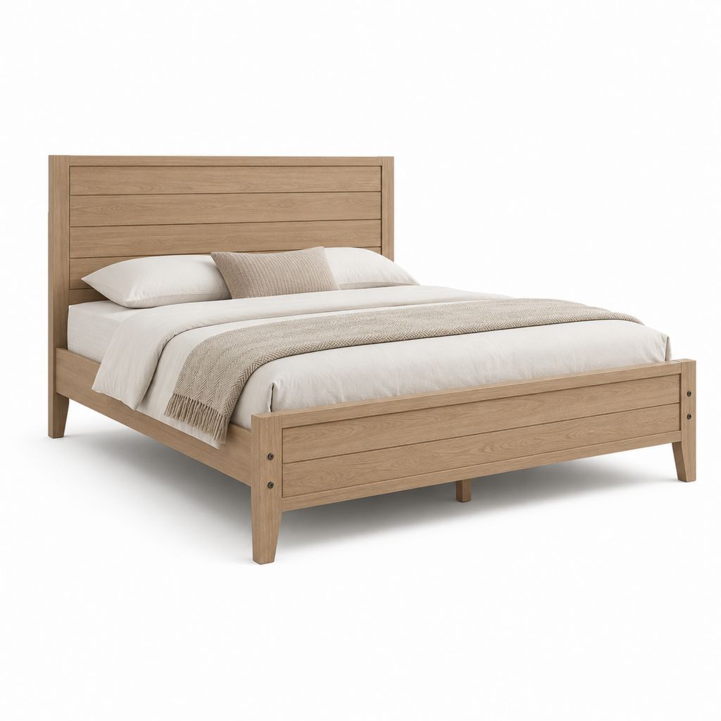 Letto matrimoniale rettangolare in pino massello e MDF, rovere naturale, 168 x 214 x 120 cm, per materasso 160 x 200 cm