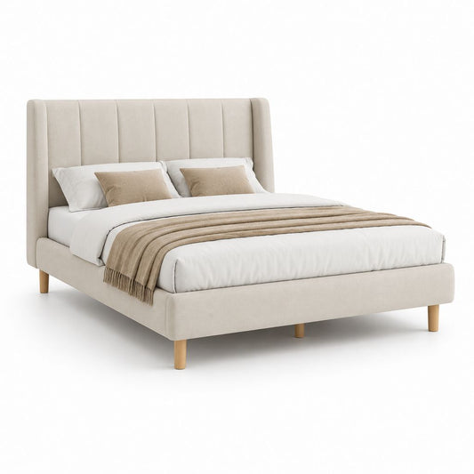 Letto matrimoniale imbottito 160 x 200 cm in tessuto beige con testiera alta a pannelli
