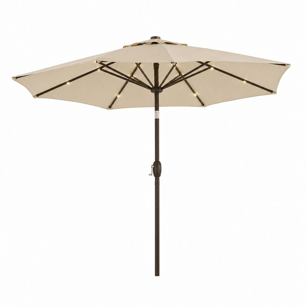 Ombrellone ottagonale da esterno con LED solari, in poliestere e metallo, beige e marrone scuro, Ø 300 × 250 cm