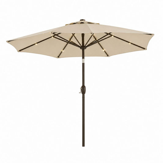 Ombrellone ottagonale da esterno con LED solari, in poliestere e metallo, beige e marrone scuro, Ø 300 × 250 cm