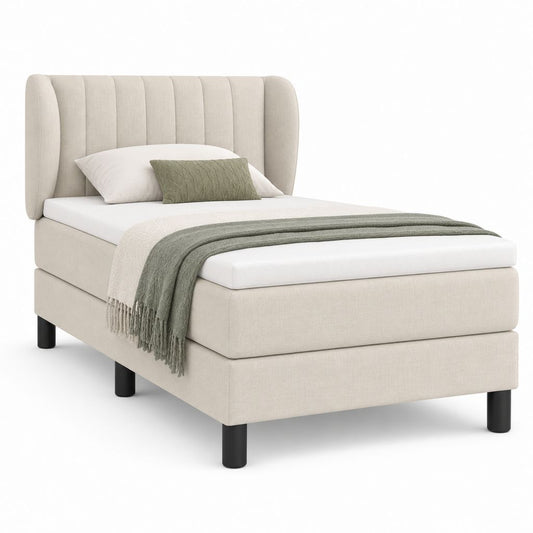 Letto singolo imbottito beige con materasso 90 x 200 cm e testiera scanalata, 102 x 212 x 112 cm