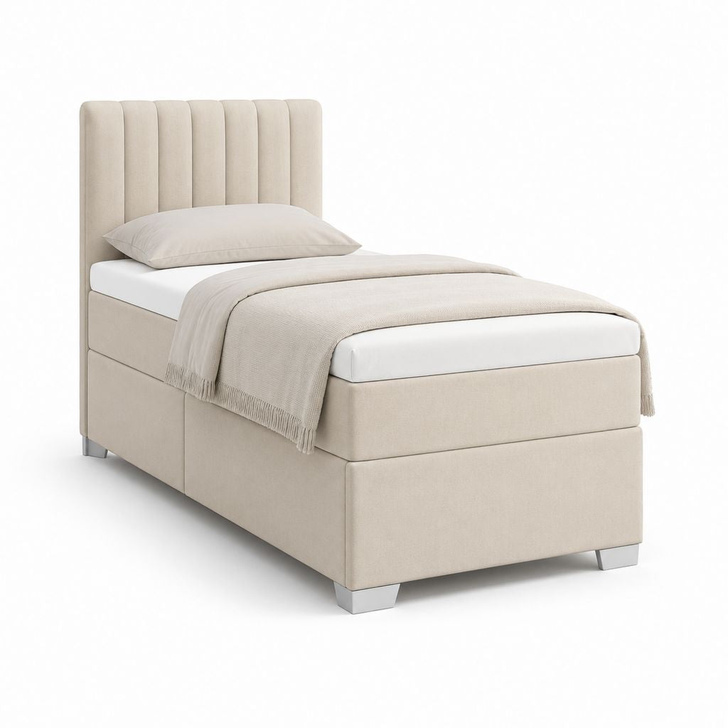 Letto singolo imbottito in tessuto beige con testiera rettangolare, 102 x 212 x 120 cm, per materasso 90 x 200 cm