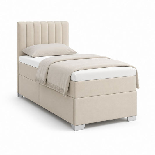 Letto singolo imbottito in tessuto beige con testiera rettangolare, 102 x 212 x 120 cm, per materasso 90 x 200 cm