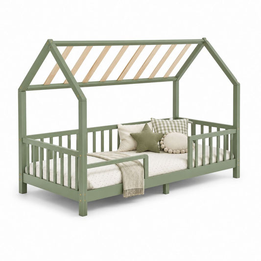 Letto a casetta singolo per bambini in pino massello verde salvia e naturale, 90 x 200 cm, con sponde e rete a doghe