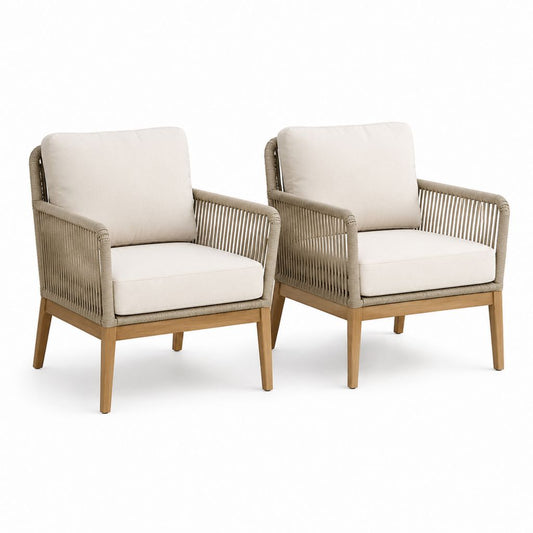 Set di 2 poltrone da esterno in legno massello di acacia e corda beige, 70 x 75 x 80 cm