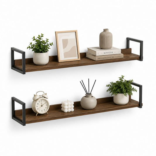 Set di 2 mensole da parete rettangolari in legno e acciaio, marrone noce e nero, 80 × 15 × 18 cm