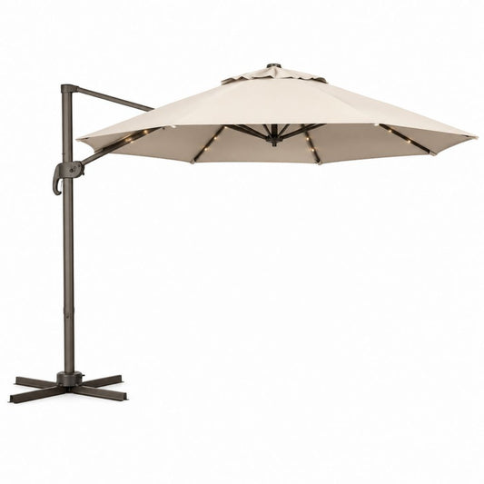Ombrellone da giardino decentrato quadrato 300 x 300 x 260 cm in poliestere, alluminio e acciaio, tortora e marrone scuro, con luci LED