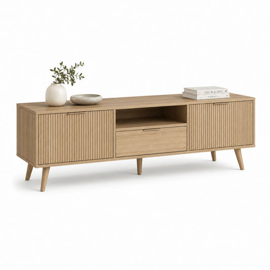Mobile TV rettangolare in truciolare melaminico con 2 ante scanalate, cassetto e vano aperto, rovere naturale, 160 x 40 x 60 cm