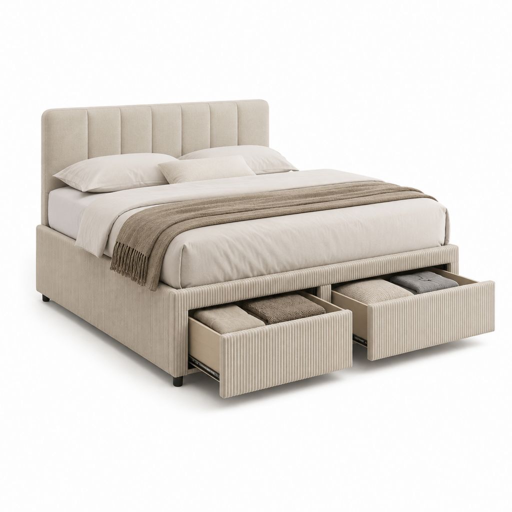 Letto matrimoniale imbottito rettangolare 160 x 200 cm in poliestere a coste beige con 2 cassetti