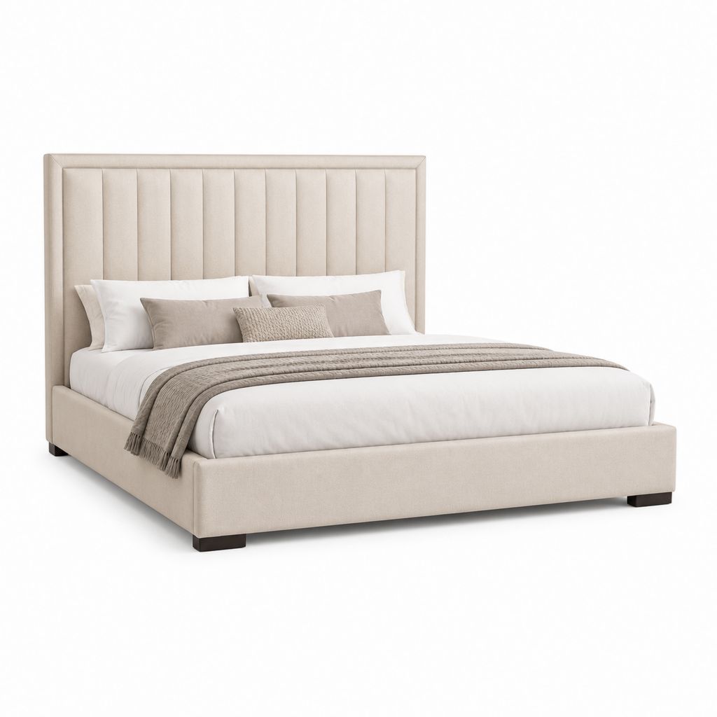 Letto matrimoniale imbottito in tessuto beige 180 x 200 cm con testiera a pannelli verticali