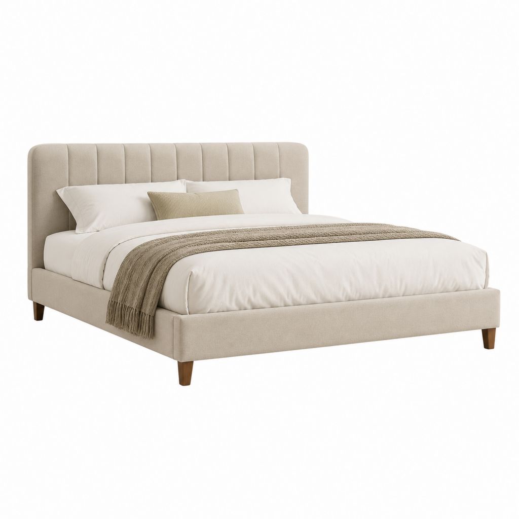 Letto matrimoniale imbottito beige in tessuto 171 x 215 x 112 cm, con rete a doghe, per materasso 160 x 200 cm