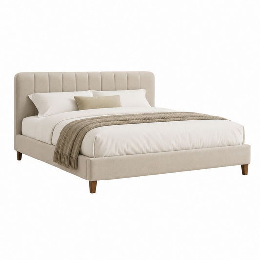 Letto matrimoniale imbottito beige in tessuto 171 x 215 x 112 cm, con rete a doghe, per materasso 160 x 200 cm