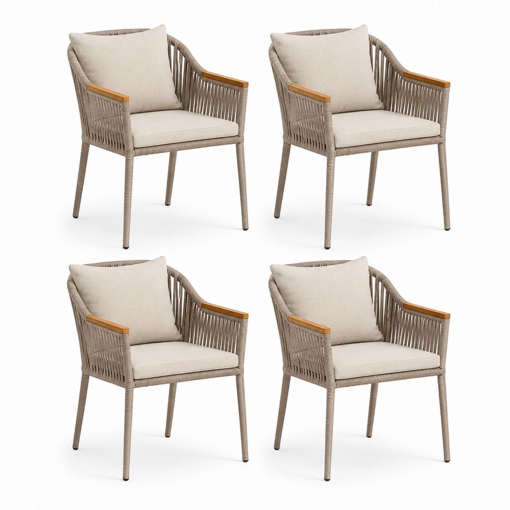 Set di 4 poltrone da giardino in acciaio e corda PE con braccioli in legno e cuscini beige, tortora, 60 x 62 x 84 cm