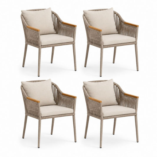 Set di 4 poltrone da giardino in acciaio e corda PE con braccioli in legno e cuscini beige, tortora, 60 x 62 x 84 cm