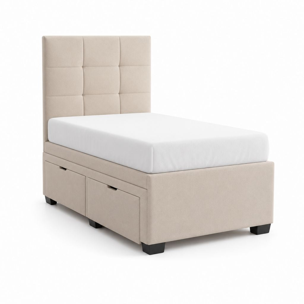 Letto singolo imbottito beige con testiera a pannelli e 2 cassetti laterali, 204 x 100 x 120 cm, per materasso 90 x 190 cm