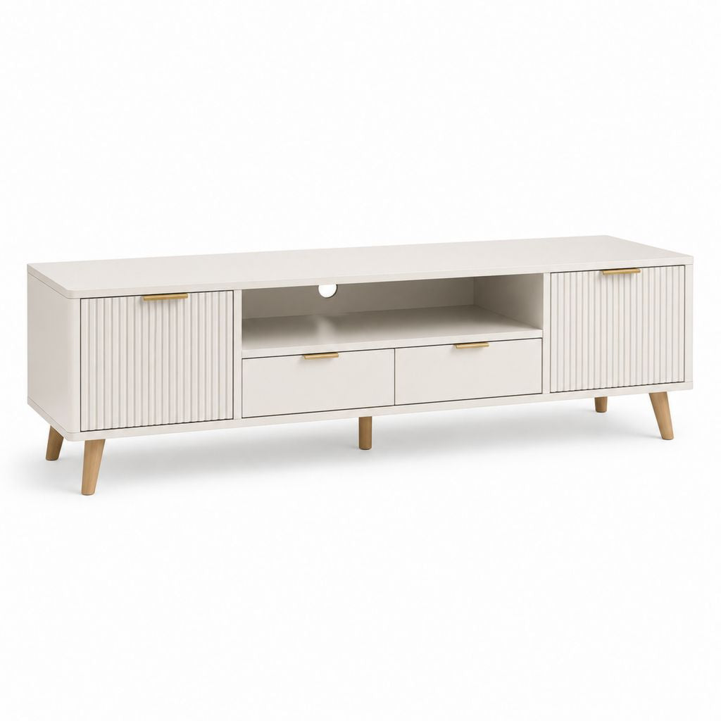 Mobile TV rettangolare in MDF beige con 2 ante, 2 cassetti e vano aperto, 160 x 40 x 60 cm