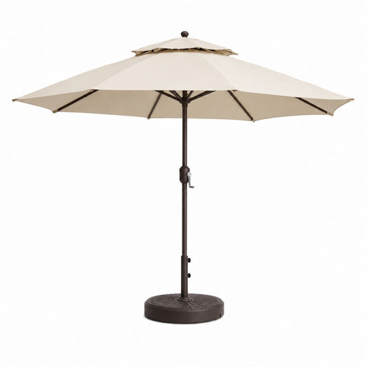 Ombrellone da giardino ottagonale con manovella e base, Ø 300 x 250 cm, in poliestere e acciaio, beige e marrone scuro