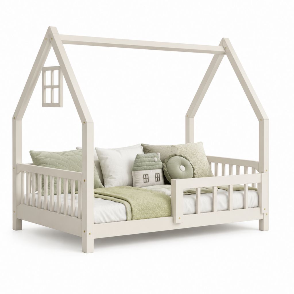 Letto a casetta per bambini in legno bianco crema 90 x 200 cm con sponde e rete a doghe