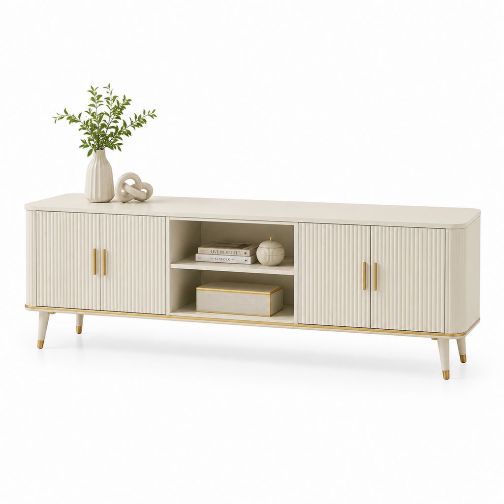 Mobile TV basso in MDF con 4 ante scanalate e 2 vani aperti, avorio e oro, 180 x 40 x 60 cm