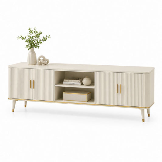Mobile TV basso in MDF con 4 ante scanalate e 2 vani aperti, avorio e oro, 180 x 40 x 60 cm