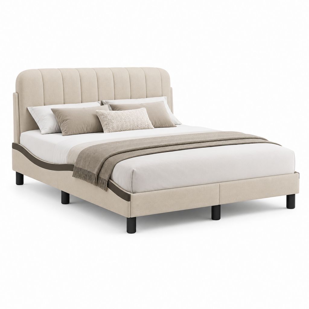 Letto matrimoniale imbottito in tessuto beige con testiera scanalata, materasso 160 x 200 cm, dimensioni 170 x 215 x 115 cm