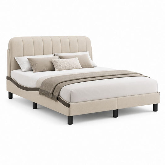 Letto matrimoniale imbottito in tessuto beige con testiera scanalata, materasso 160 x 200 cm, dimensioni 170 x 215 x 115 cm
