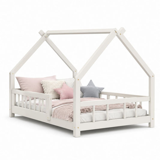 Letto a casetta per bambini 90 × 200 cm in legno massello di pino bianco con sponde