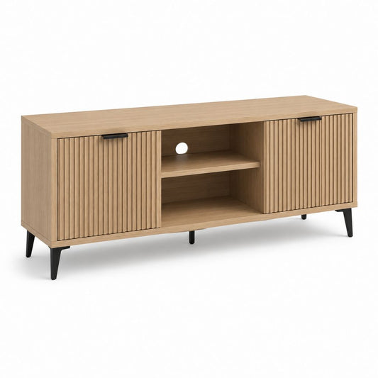 Mobile TV in MDF impiallacciato rovere con 2 ante scanalate, 2 vani aperti e passacavi, rovere naturale e nero, 150 × 40 × 70 cm