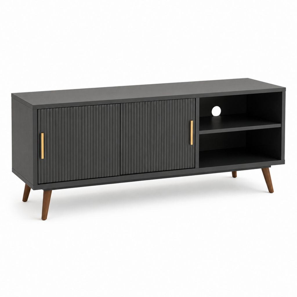 Mobile TV basso in legno nero con 2 ante scanalate, 2 vani aperti e piedini marroni, 140 × 40 × 60 cm