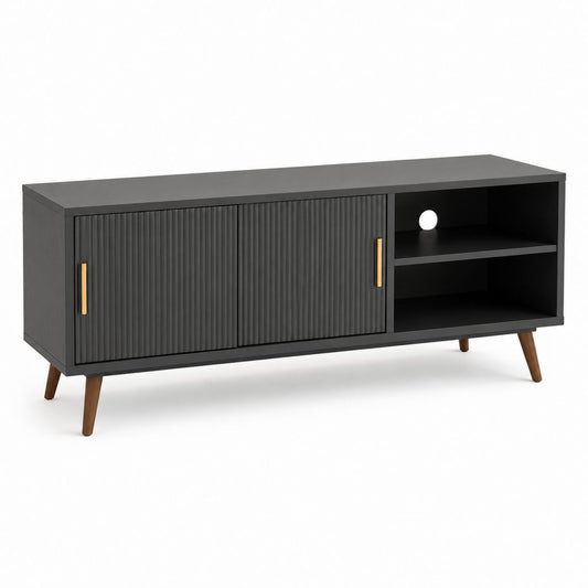 Mobile TV basso in legno nero con 2 ante scanalate, 2 vani aperti e piedini marroni, 140 × 40 × 60 cm