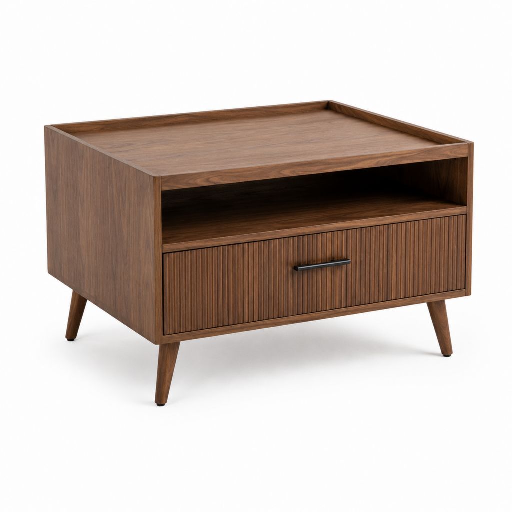 Tavolino da caffè rettangolare in MDF impiallacciato marrone noce con cassetto e ripiano, 80 × 50 × 60 cm