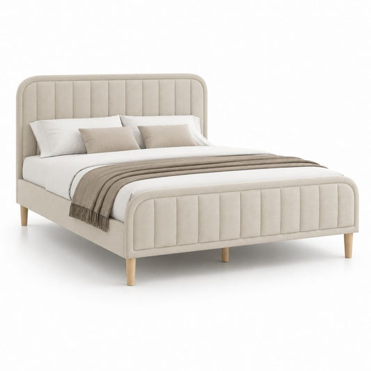 Letto matrimoniale imbottito in tessuto beige con testiera, pediera e rete a doghe, per materasso 160 × 200 cm