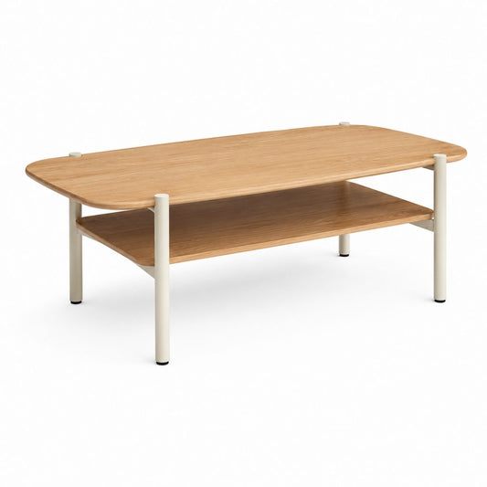 Tavolino da caffè rettangolare in MDF impiallacciato in rovere e acciaio bianco con ripiano, 100 × 55 × 45 cm