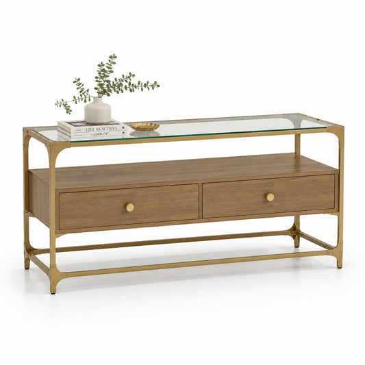 Mobile porta TV rettangolare marrone e ottone 120 × 40 × 70 cm in legno, metallo e vetro con 2 cassetti