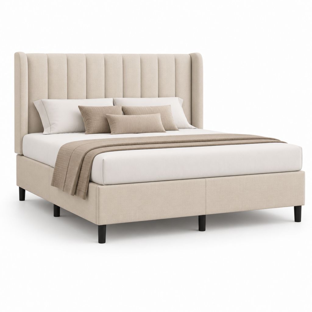 Letto matrimoniale imbottito beige in tessuto con testiera alta, materasso 160 x 200 cm, dimensioni 175 x 220 x 120 cm